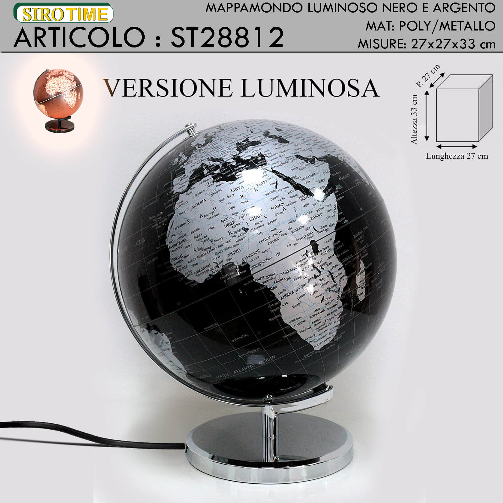 MAPPAMONDO NERO CON LUCE CM. 25