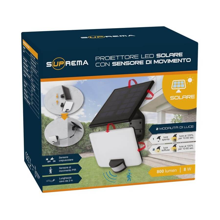 *PROIETTORE LED SOLARE C/SENSORE 800 LUMEN NERO