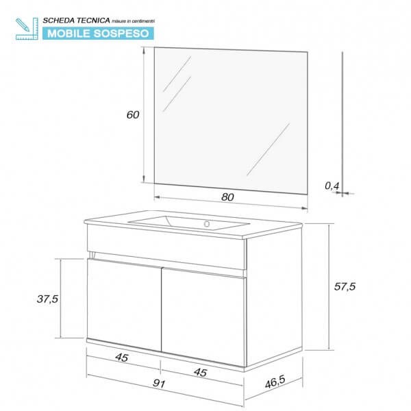 MOBILE BAGNO SOSPESO 2 ANTE CM.90 BIANCO